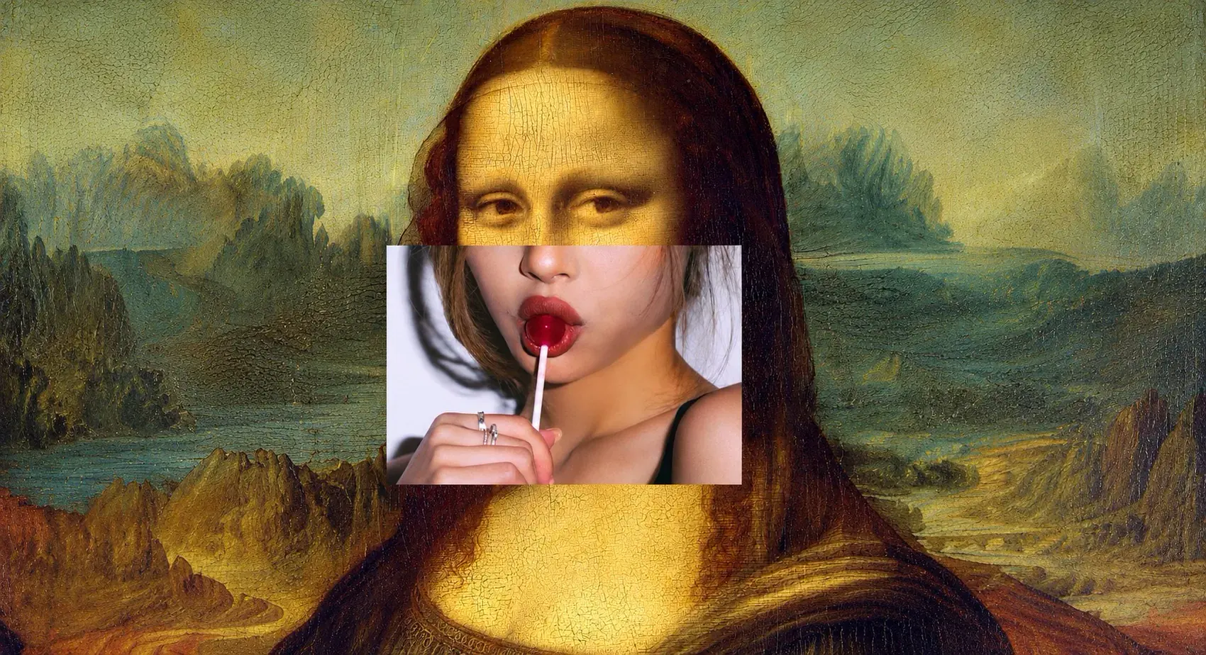 La Gioconda en dorado con un retrato contemporáneo superpuesto